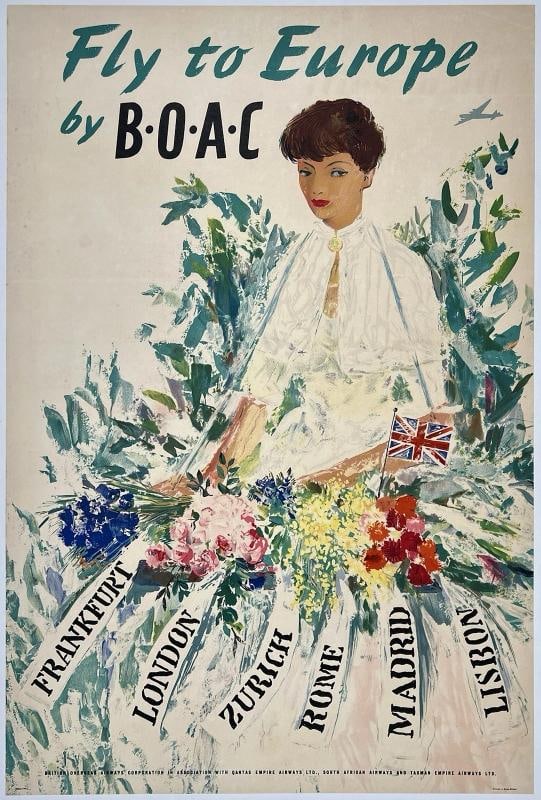 Original Vintage Poster FLY TO EUROPE BY B.O.A.C. Airline Travel Tourism LINEN: Condition: Used,Country of Origin: United Kingdom,Type: Poster,Airline: British Airways,Modified Item: No
