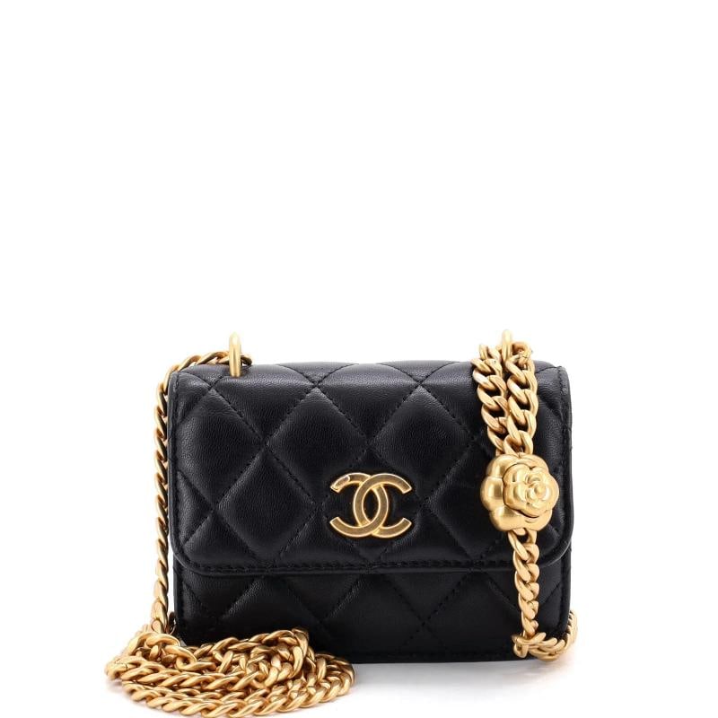Chanel Sweet Camellia Flap Clutch with Chain Quilted Lambskin Mini: Condition: Pre-owned - Good,Brand: Chanel,Exterior Material: Leather,Style: Cross Body Bags,Exterior Color: Black,Department: Women,Size: Mini