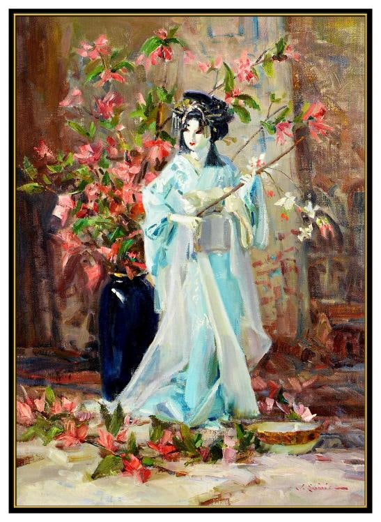John Encinias Oil Painting On Canvas Signed Female Portrait Floral Framed Art - 2