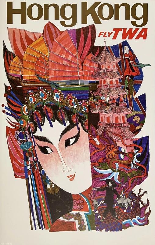 Original Vintage Poster HONG KONG FLY TWA Airline Travel David Klein LINEN (1 of 5)