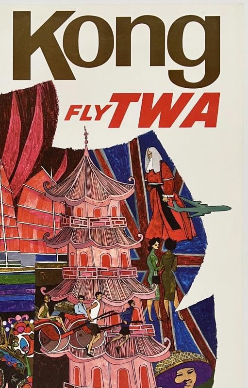 Original Vintage Poster HONG KONG FLY TWA Airline Travel David Klein LINEN - 3