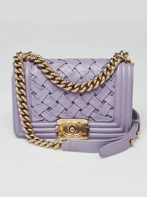 Chanel Purple Woven Lambskin Leather Paris-Versailles Small Boy Bag: Condition: Pre-owned - Good,Brand: Chanel,Exterior Material: Leather,Style: Crossbody Bags,Everyday Bags,Exterior Color: Purple,Department: Women,Country of Origin: Italy Description Karl Lagerfeld