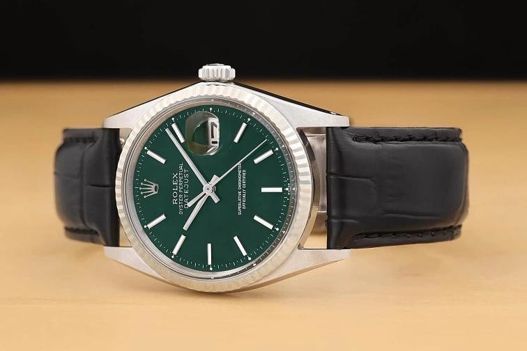 ROLEX DATEJUST 1601 GREEN DIAL 18K WHITE GOLD STEEL BLACK LEATHER BAND WATCH - 2