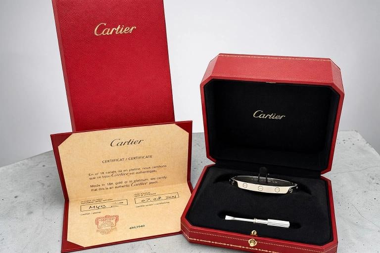 Cartier LOVE 18k White Gold Classic Model Bracelet Size 16 Box: Size: Cartier 16 Circumference: 5.5-5.8 Inches Width: 6.1 MM. Condition: Pre-owned - Excellent,Closure: SCREW,Signed: Yes,Sizable: No,Metal: White Gold,Item Length: 5.75,Materials sourced from: