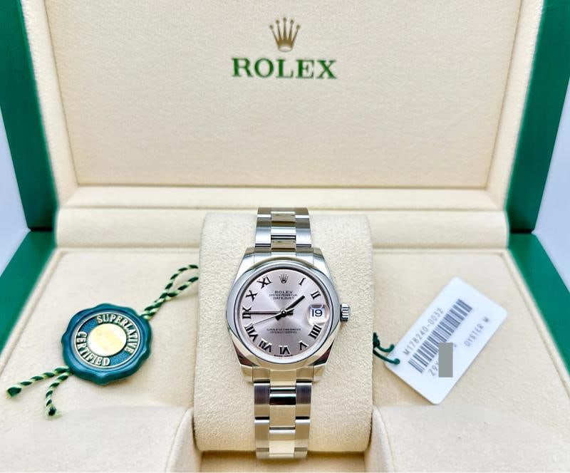 Rolex Datejust Midsize 178240 31mm Pink Roman Dial Stainless Steel Box Tags: Style Number: 178240 Model: Rolex Midsize Datejust Year: 2011 - 2018 Case Material: Stainless Steel Band: Stainless Steel Bezel: Stainless Steel Dial: Pink Roman Dial Crystal: Sapphire Case Size: 31mm