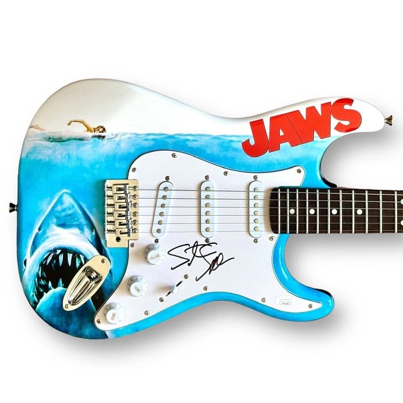 Steven Spielberg Signed Custom Guitar JAWS (JSA): Industry: Movies,Movie: Jaws,Signed by: Steven Spielberg,Signed: Yes,Autograph Authentication: James Spence (JSA),Original/Reproduction: Original,Country of Origin: United States