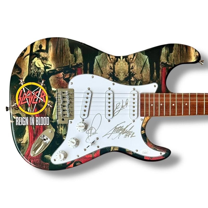 SLAYER: Kerry King, Tom Araya & Dave Lombardo Signed Custom Guitar (JSA): Industry: Music,Signed: Yes,Autograph Authentication: James Spence (JSA),Object Type: Guitar & Guitar Pick,Original/Reproduction: Original,Country of Origin: United States