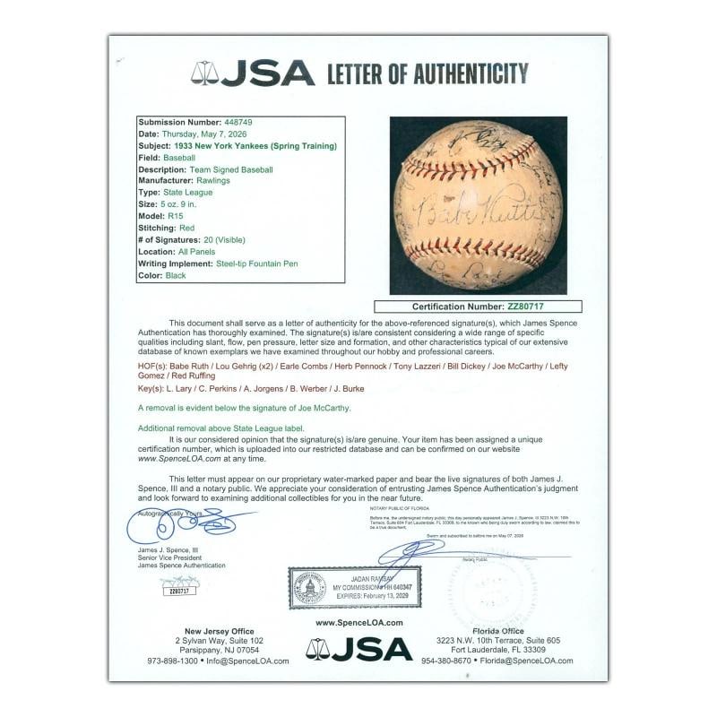 Babe Ruth & Lou Gehrig 1933 New York Yankees Team Signed Baseball JSA COA - 7