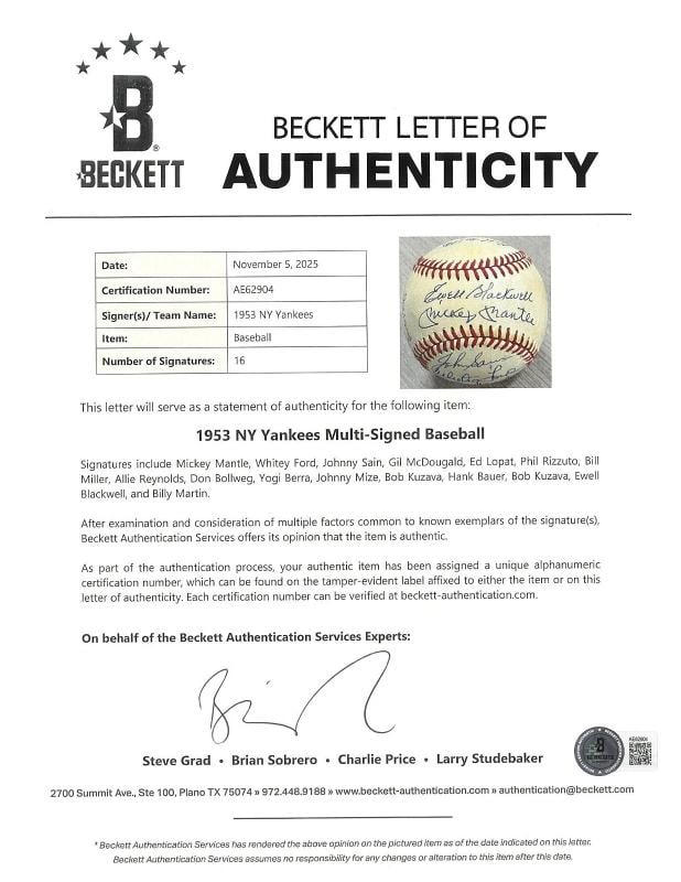 1953 New York Yankees World Series Champs Team Signed Baseball Mickey Mantle BAS - 7