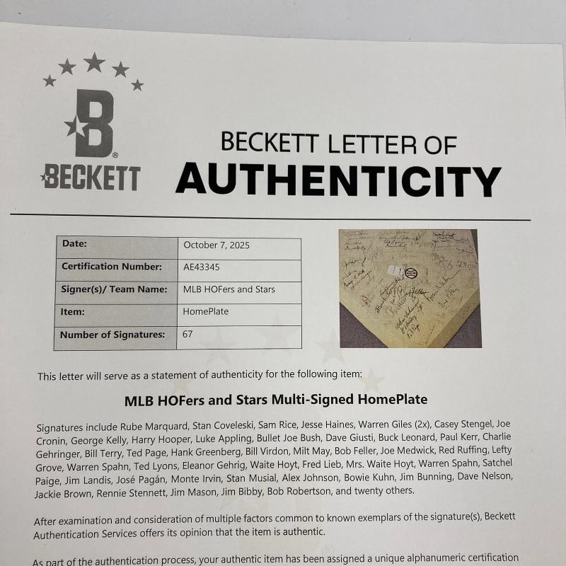 1970's HOF Multi Signed Home Plate 67 Sigs Satchel Paige Beckett COA - 16