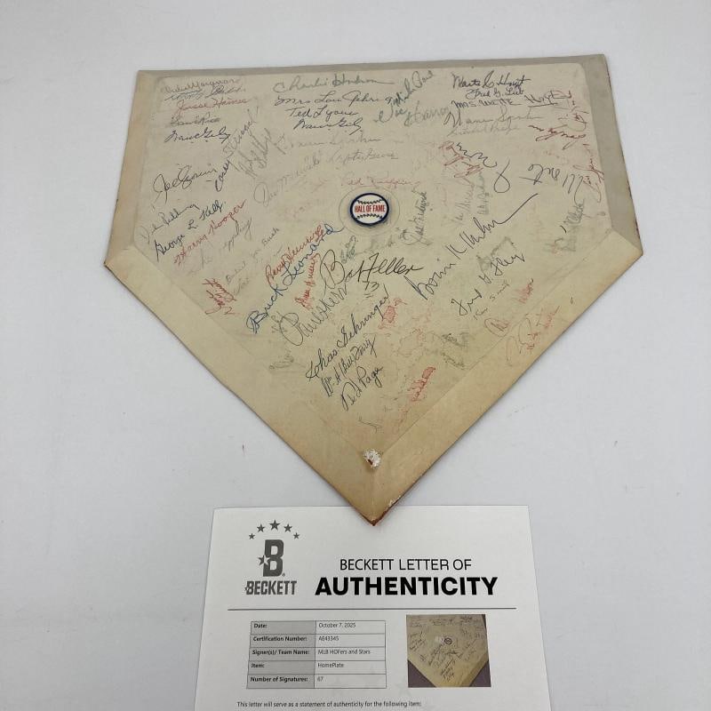 1970's HOF Multi Signed Home Plate 67 Sigs Satchel Paige Beckett COA: 67 Signatures include Rube Marquard, Stan Coveleski, Sam Rice, Jesse Haines, Warren Giles (x2), Casey Stengel, Joe Cronin, George Kelly, Harry Hooper, Luke Appling, Bullet Joe Bush, Dave Giusti, Buck 