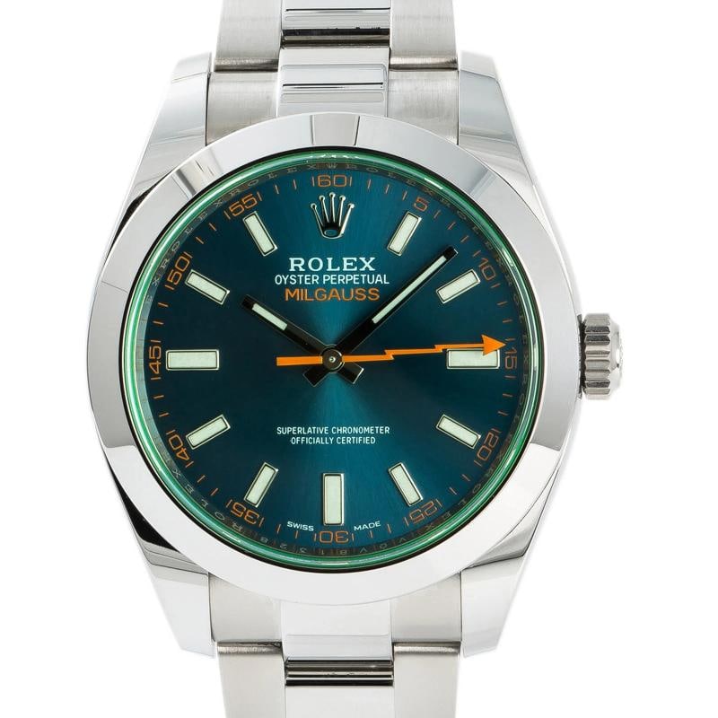 Rolex Milgauss 116400GV SS Oyster Card Auto Blue Dial Men's Watch 40mm: Case Size 40mm Wrist Fit 6.5 Inches Box No Papers Yes Condition Ã¢â‚¬â€ Pre-owned Full Specifications Brand Rolex Model Milgauss Customized No Serial #
