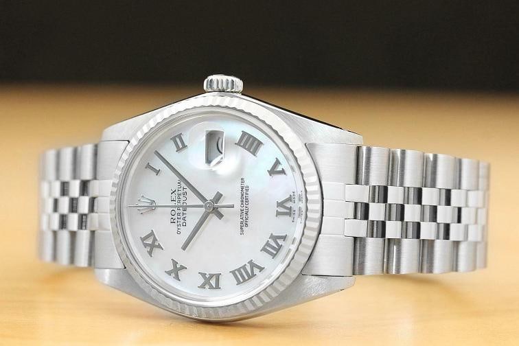 MENS ROLEX DATEJUST 16014 MOTHER OF PEARL ROMAN 18K WHITE GOLD STEEL WATCH - 2