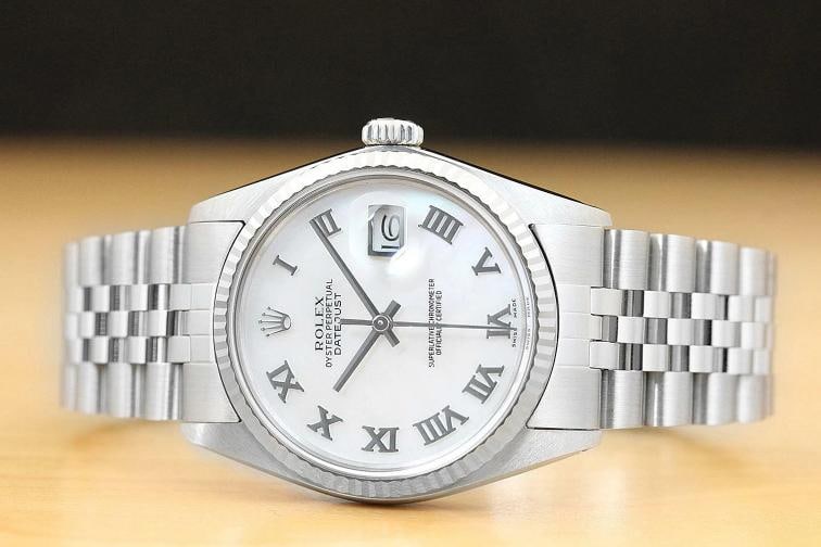 MENS ROLEX DATEJUST 16014 MOTHER OF PEARL ROMAN 18K WHITE GOLD STEEL WATCH - 3