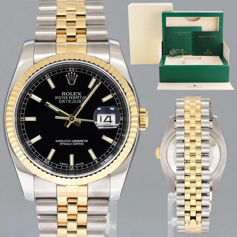 2014 MINT Rolex 116233 DateJust Two Tone Yellow Gold Steel Black Jubilee 36mm: Box: Yes, this item includes the Original Rolex Box. . Case Size 40mm Wrist Fit 6.5 Inches Box No Papers Yes Condition Ã¢â‚¬â€ Pre-owned Full Specifications 