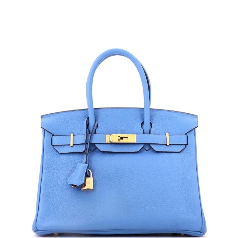 Hermes Birkin Handbag Blue Clemence with Gold Hardware 30: Accessories: Dust Bag, Clochette, Keys, Lock Measurements: Handle Drop None", Height 9", Width 11.5", Depth 6", Strap Drop None". Condition: Pre-owned - Excellent,Brand: Hermes,Exterior Material: Leat