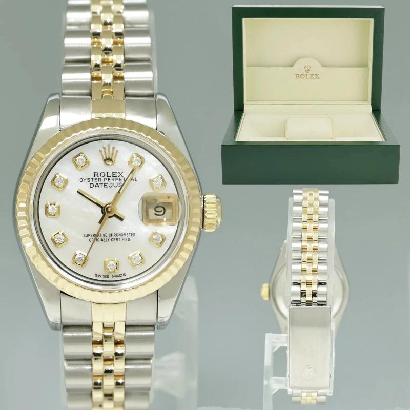 MINT Pearl Diamond Ladies Rolex 26mm DateJust 79173 Two Tone Gold Jubilee Watch: Brand Rolex (Guaranteed Authentic) Model DateJust Reference Number 79173 Gender Ladies Metal Two-Tone Yellow Gold / Stainless Steel Case Size 26.00mm Wrist Size This watch will currently comfortably