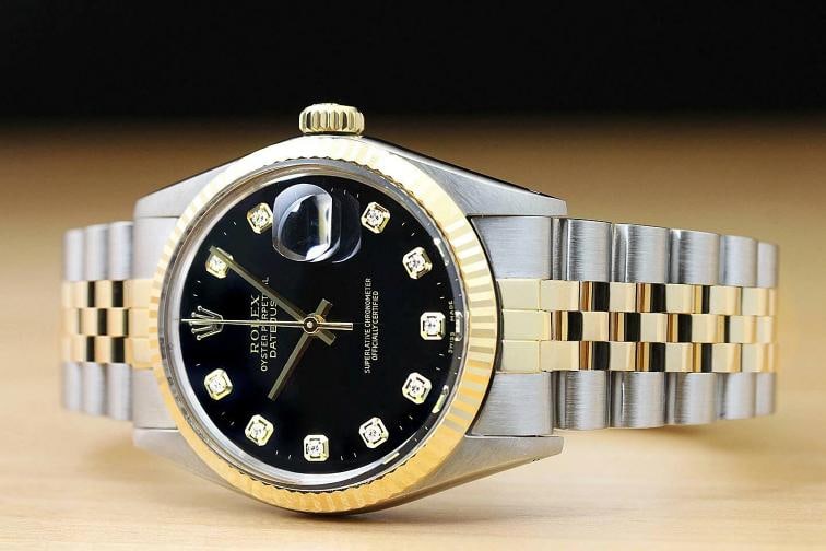 ROLEX MENS DATEJUST 16013 BLACK DIAMOND 18K YELLOW GOLD STEEL QUICKSET WATCH - 2