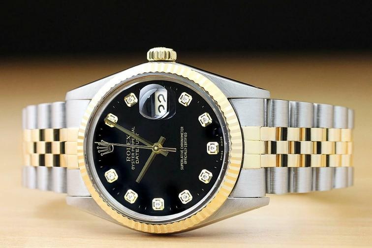 ROLEX MENS DATEJUST 16013 BLACK DIAMOND 18K YELLOW GOLD STEEL QUICKSET WATCH - 3
