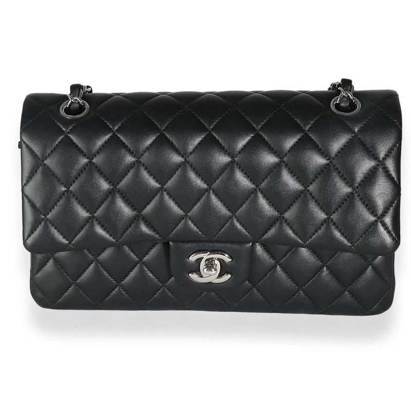 Chanel Black Quilted Lambskin Medium Classic Double Flap Bag: Condition: Pre-owned - Good,Dimensions: 9.9 x 6 x 2.5,Handbag Accessories: Box;Dustbag;Care Booklet,Bag Width: 9.9 in,Bag Depth: 2.5 in,Bag Height: 6 in,Department: Unisex,Style: Shoulder Bag,Material