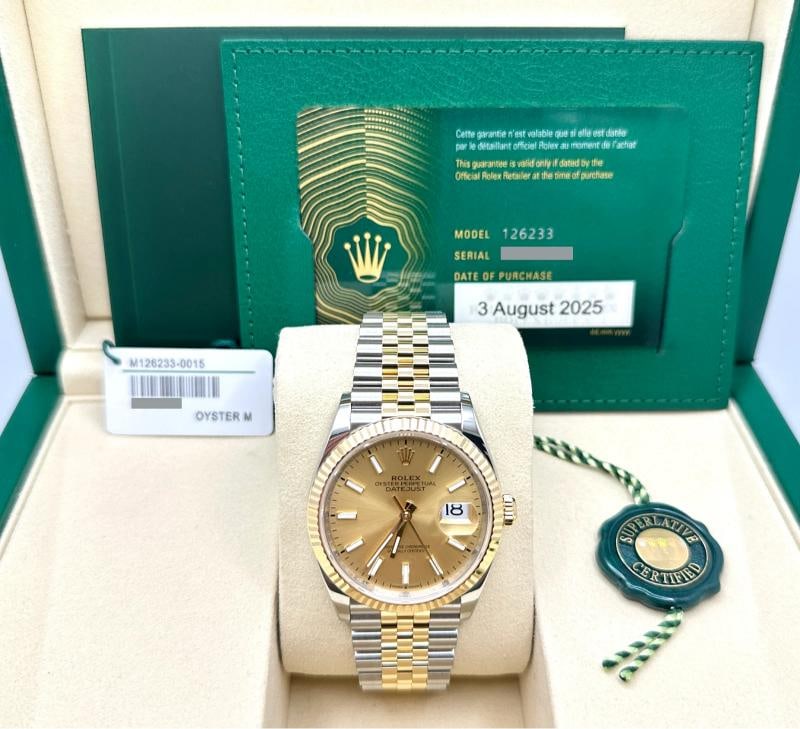 2025 Rolex Datejust 126233 36mm Champagne Dial 18K Gold Steel Box Paper Jubilee: Style Number: 126233 Year: 2025 Model: Rolex Datejust 36 Case Material: Stainless Steel Band: 18K Yellow Gold & Stainless Steel Bezel: 18K Yellow Gold Dial: Champagne Crystal: Sapphire Case Size: 36mm