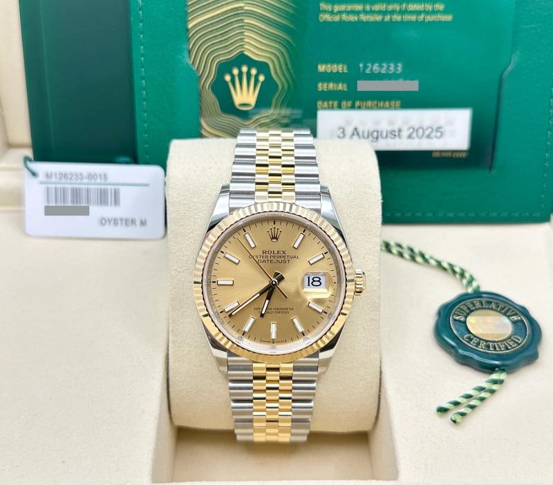 2025 Rolex Datejust 126233 36mm Champagne Dial 18K Gold Steel Box Paper Jubilee - 2