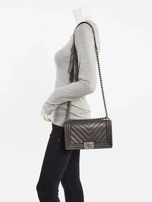 Chanel Grey Chevron Quilted Leather Medium Boy Bag - 2