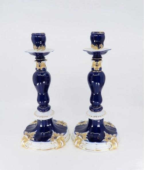 Gorgeous Pair late 1800s Meissen Cobalt Blue Gilt Tall Candlesticks: Condition: Used: An item that has been used previously. The item may have some signs of cosmetic wear, but is fully operational and functions as intended. This item may be a floor model or store