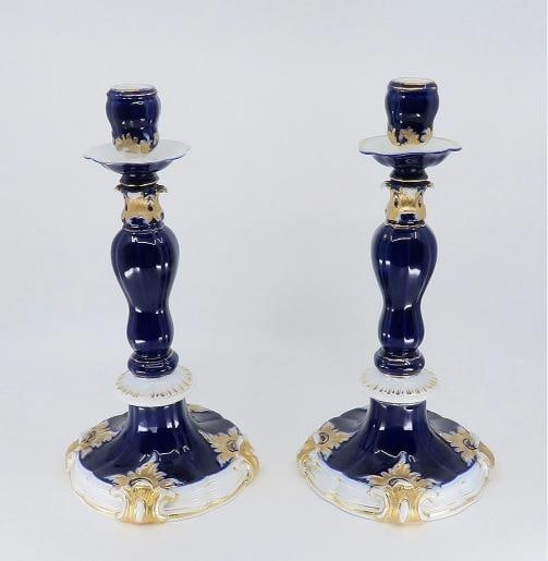 Gorgeous Pair late 1800s Meissen Cobalt Blue Gilt Tall Candlesticks - 2