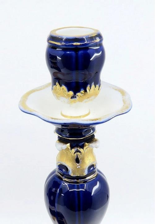 Gorgeous Pair late 1800s Meissen Cobalt Blue Gilt Tall Candlesticks - 4