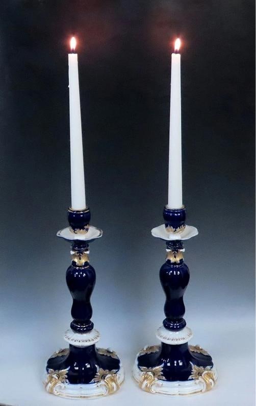 Gorgeous Pair late 1800s Meissen Cobalt Blue Gilt Tall Candlesticks - 5