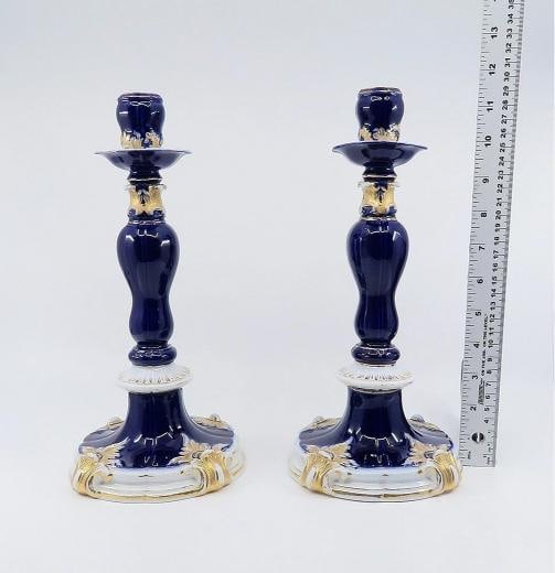 Gorgeous Pair late 1800s Meissen Cobalt Blue Gilt Tall Candlesticks - 7