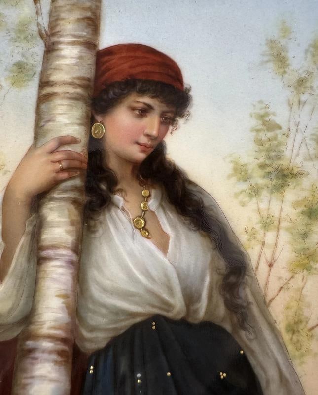 Stunning c1880 KPM Handpainted Gypsy Young Woman Framed Porcelain Plaque - 10