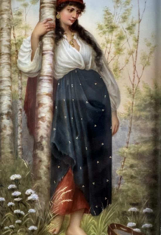 Stunning c1880 KPM Handpainted Gypsy Young Woman Framed Porcelain Plaque: The painting itself (inside the velvet) measures about 9 by 6 inches. The entirety, including the surrounding frame, measures about 17 1/2 x 13 1/4 inches.