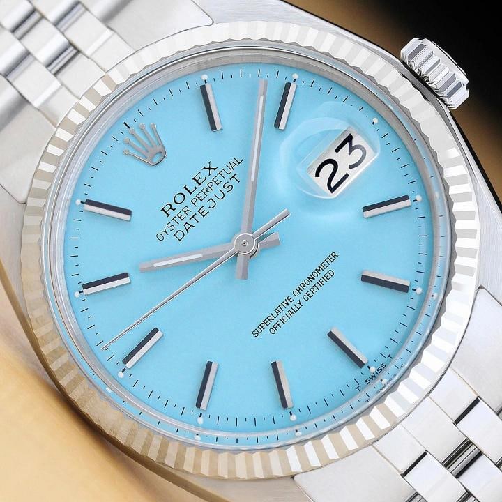ROLEX MENS DATEJUST 1601 AQUA BLUE 18K GOLD STEEL WATCH w/ FOLDED JUBILEE BAND: Condition: Pre-owned - Excellent,Bezel Color: Silver,Max Wrist Size: 7.26-7.5 in,Number of Jewels: 26 Jewels,Indices: Stick Indexes, 12-Hour Dial,Bezel: Rolex 18K White Gold Fluted Bezel,Band/Strap:
