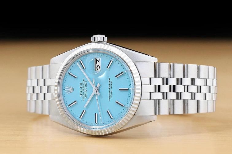 ROLEX MENS DATEJUST 1601 AQUA BLUE 18K GOLD STEEL WATCH w/ FOLDED JUBILEE BAND - 2
