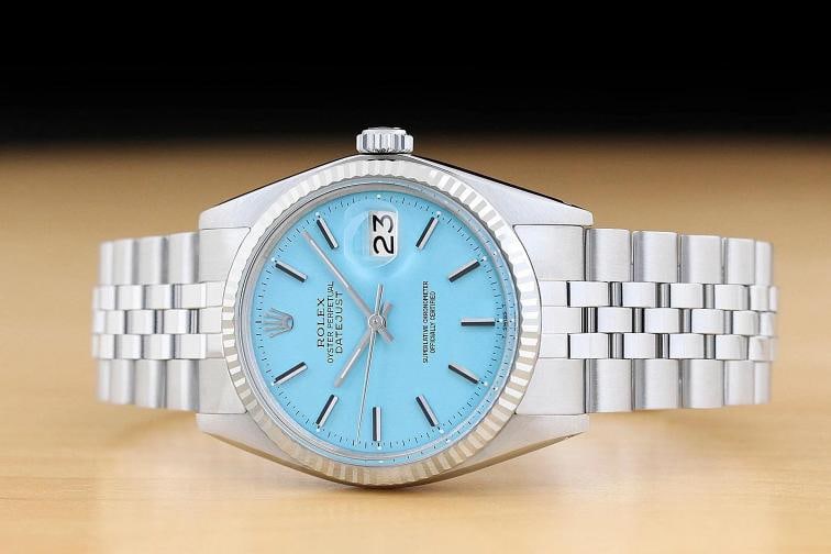 ROLEX MENS DATEJUST 1601 AQUA BLUE 18K GOLD STEEL WATCH w/ FOLDED JUBILEE BAND - 3
