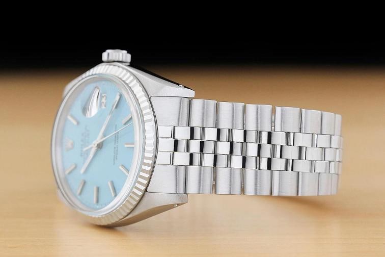 ROLEX MENS DATEJUST 1601 AQUA BLUE 18K GOLD STEEL WATCH w/ FOLDED JUBILEE BAND - 4