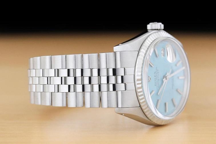 ROLEX MENS DATEJUST 1601 AQUA BLUE 18K GOLD STEEL WATCH w/ FOLDED JUBILEE BAND - 7