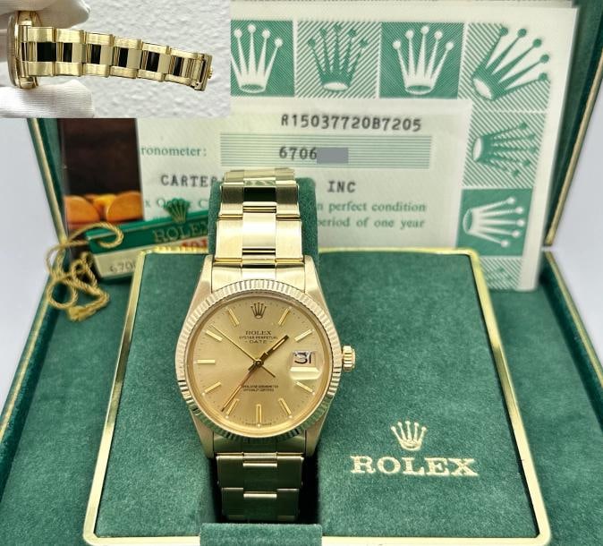 Rolex Date 15037 34mm Champagne Dial 14K Yellow Gold Box Papers: Style Number: 15037 Serial: 6706*** Year: 1986 Model: Rolex Date Case Material: 14K Yellow Gold Band: 14K Yellow Gold Bezel: 14K Yellow Gold Dial: Champagne Crystal: Acrylic Case Size: 34mm Includes: 