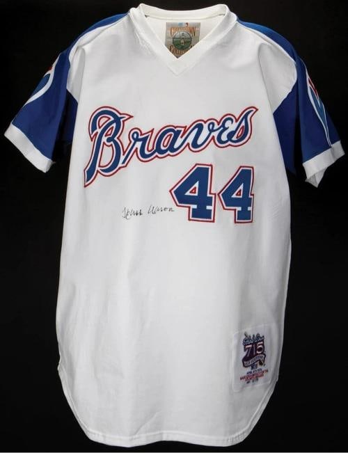 Hank Aaron Signed Atlanta Braves 715 Home Runs Mitchell & Ness Jersey PSA DNA: Sport: Baseball,Player: Hank Aaron,Signed: Yes,Autograph Authentication: Professional Sports Authenticator (PSA),Original/Reprint: Original,Product: Jersey,Country of Origin: United States