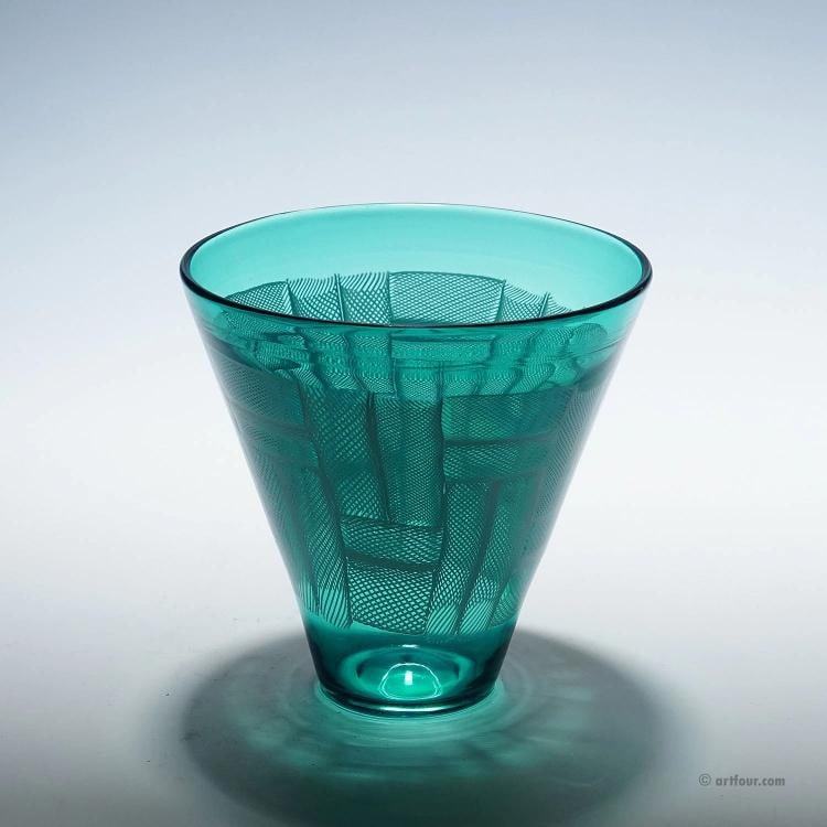 Vase 'Mosaico Zanfirico' by Paolo Venini, Venice Murano 1954: Condition: Used,Brand: ArtGlass,Type: Vase,Country of Origin: Italy A vintage art glass vase of the 'Mosaico Zanfirico' serie designed by Paolo Venini, Murano in 1954. The ocean blue glass body is dec