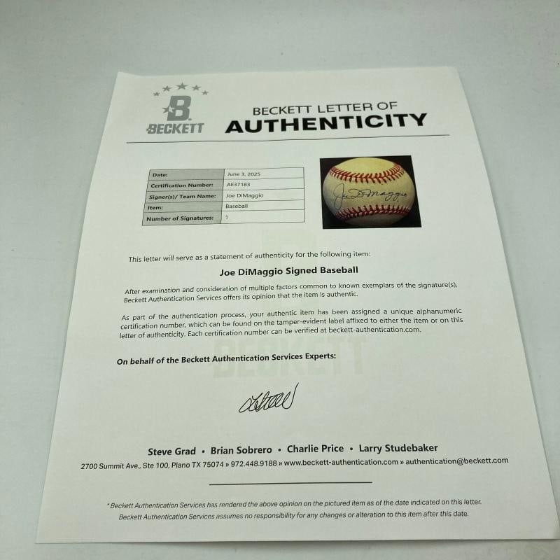 Nice Joe Dimaggio Signed Official American League Baseball Beckett COA - 3