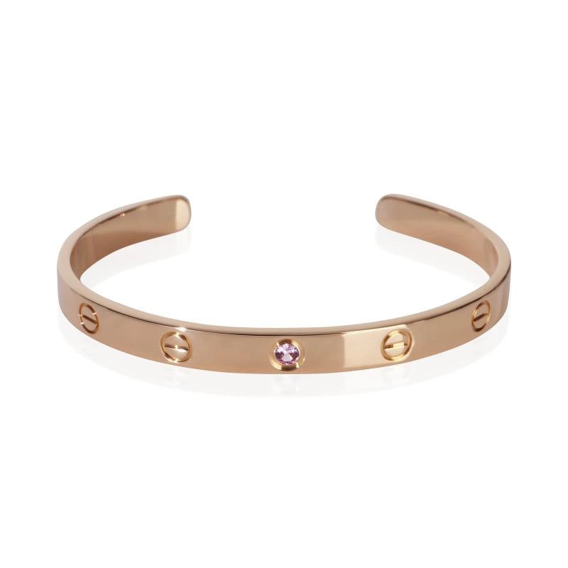 Cartier Rose Gold Pink Sapphire Love Cuff Bracelet: Condition: Pre-owned,Item Length: 18 cm,Clasp/Buckle Type: No Clasp,Side Stone Type: No Stone,Main Stone: Pink Sapphire,Metal Purity: 18k,With Original Box/Packaging: No,With Papers: No,Gross Weight