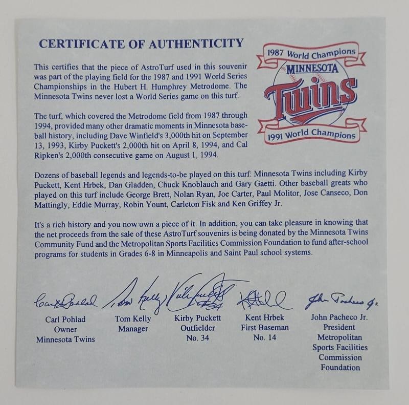 Kirby Puckett Signed 1991 World Series Game Used Metrodome AstroTurf Beckett - 5