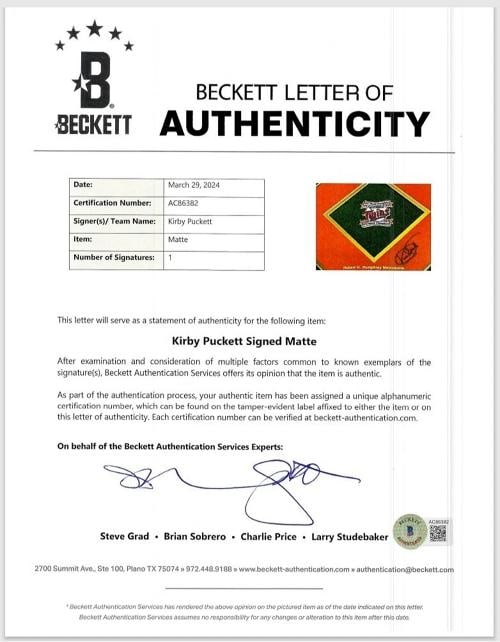 Kirby Puckett Signed 1991 World Series Game Used Metrodome AstroTurf Beckett - 6