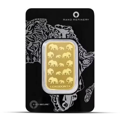 1 oz Rand Refinery Elephant Gold Bar (Black Assay): Year: Varies,Fineness: 0.9999,Composition: Gold,Certification: Uncertified,Grade: Ungraded,Brand/Mint: rand-refinery-gold-bars,Shape: Bars,Precious Metal Content per Unit: 1 oz,Country of Origin: