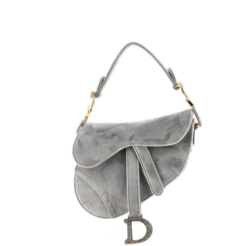 Christian Dior Saddle Handbag Velvet with Crystals Mini: Condition: Pre-owned - Good,Brand: Christian Dior,Exterior Material: Crystal, Velvet,Style: Shoulder Bags,Exterior Color: Gray,Department: Women,Size: Mini,Accessories: Dust Bag Condition: Very good.