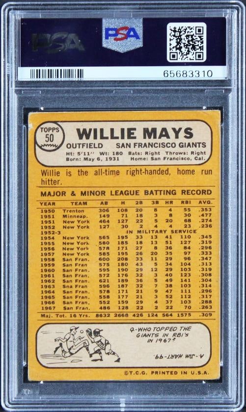 Giants Willie Mays Signed 1968 Topps #50 Card Graded 2, Auto 9! PSA/DNA Slabbed - 2