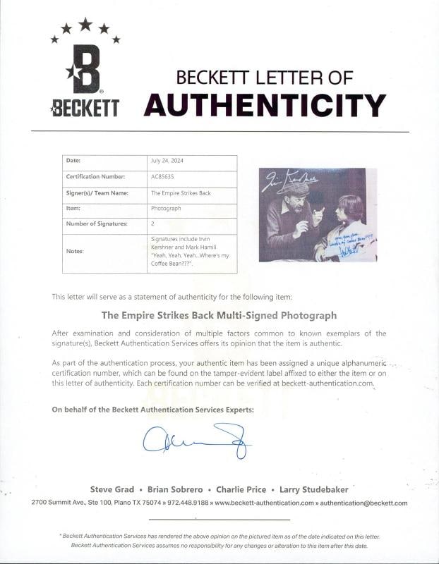 Mark Hamill & Irvin Kershner Star Wars Authentic Signed 8x10 Photo BAS #AC85635 - 2